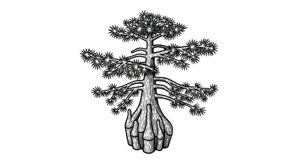 Sketch of a Coastal Redwood Tree with Buttress Roots, Black and White Illustration © Jepe