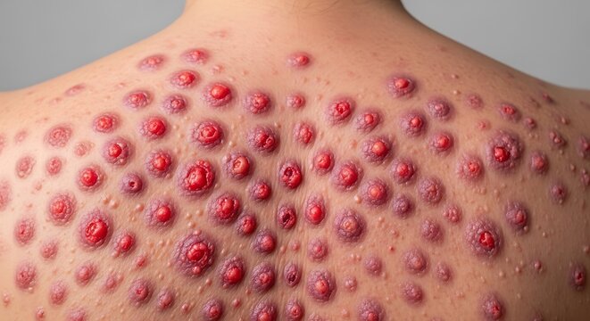 A person with numerous red acne lesions on their upper back and shoulder area