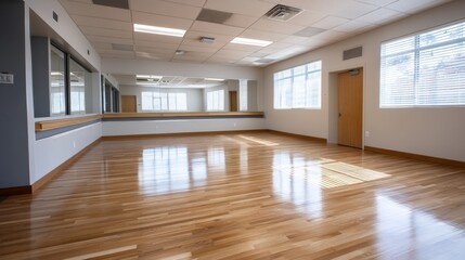 Fototapeta premium Bright and Spacious Empty Dance Studio with Wooden Floors and Large Windows Ideal for Classes and Rehearsals in a Modern Setting