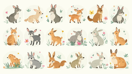 Naklejka premium Twenty adorable cartoon rabbits and hares in various poses surrounded by flowers