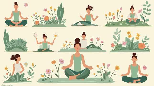 Women practice yoga and meditation surrounded by lush green foliage and vibrant flowers.