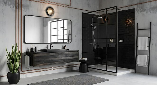 A modern bathroom with a sleek black shower and a large mirror above a floating vanity
