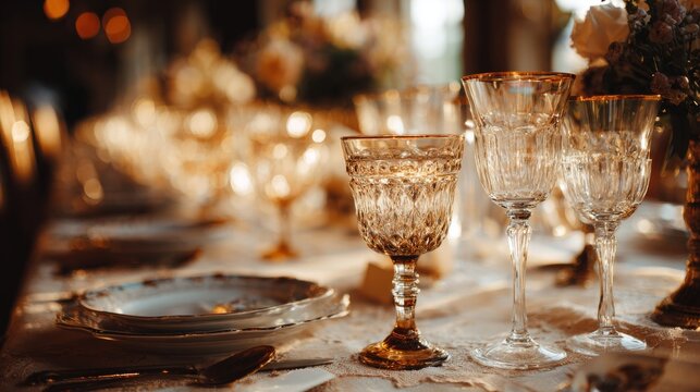 Elegant sparkling glassware arranged along a long banquet table prepared for a luxury wedding dinner reception in a modern event venue with soft ambient lighting and festive celebration atmosphere
