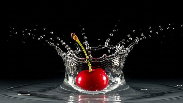 Cherry Dropping into Water Splash, Extreme Slow Motion, Isolated on Black