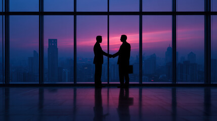 Fototapeta premium Business partner handshake silhouette office cityscape sunset window skyline evening meeting agreement