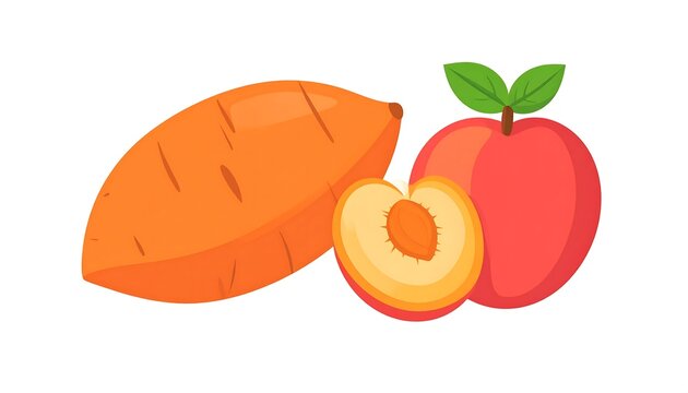 Illustration of a sweet potato and a ripe peach, one of which is sliced to reveal its center
