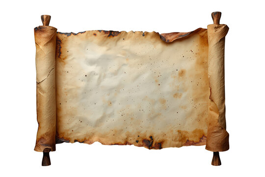 Ancient scroll with burnt aged parchment texture, vintage paper background for historical document message text