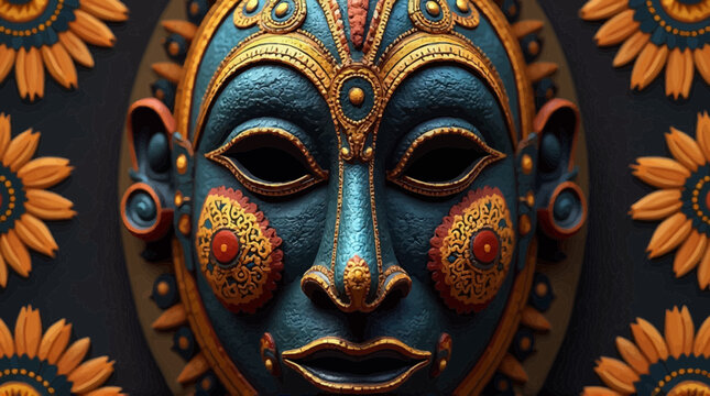 Intricate tribal mask with golden patterns and ornate details against a dark background