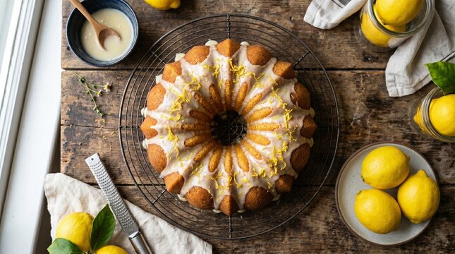 Freshly baked golden lemon bundt cake on wire cooling rack