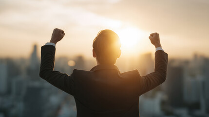 Plakat Businessman silhouette raised fist back view city skyline sunset light success concept victory pose leadership concept office worker urban background male adult suit jacket confident posture