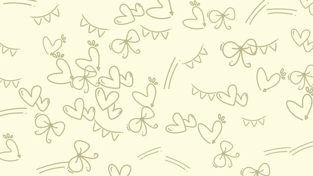 Cream background with scattered line drawings of hearts, bows, and banners. Suitable for valentines day designs, romantic greetings, and wedding invitations. 
