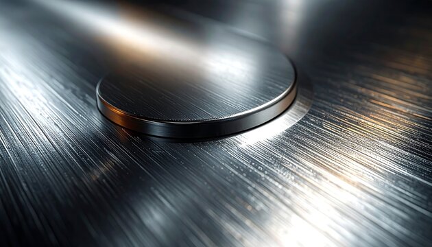 Close-up of a brushed metallic surface with a circular button. Light reflects creating highlights and shadows