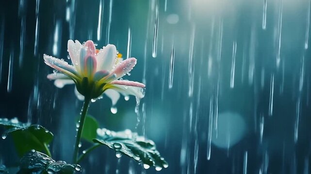 Flower Watered by Rain. Basic Needs of Living Things (Water, Food, Air). Nature Education. a flower being watered by gentle rain, set in an outdoor-inspired studio scene
