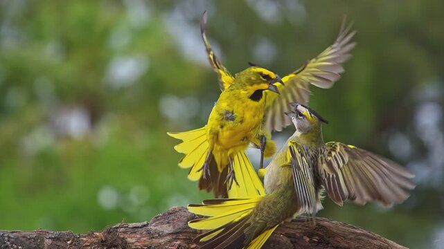 Two yellow cardinals (Gubernatrix cristata) beim spectacular fighting  spreading its wings in Tropical Rainforest 