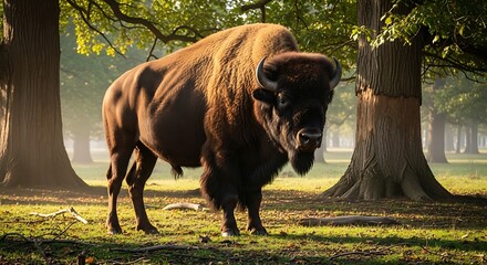 Fototapeta premium Majestic European Bison Grazing in a Lush Forest Clearing.
