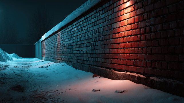Snowy brick wall at night with red and blue light, dark outdoor alley with cold snow cover