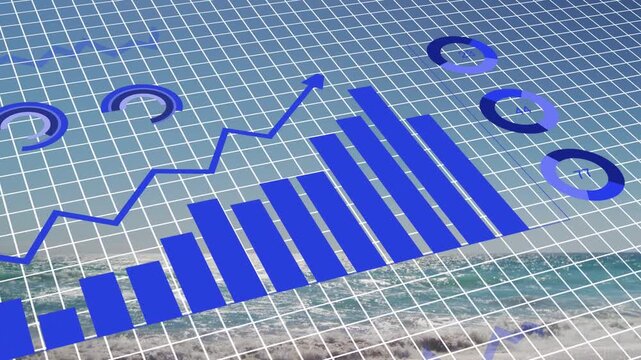 Grid tilting into view, blue graphics forming bars, line, rings and pie, visualizing rising metrics