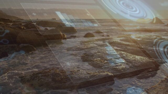 Flat rock ledge reflecting sun, waves rolling causing faint panes sliding circle glowing for design