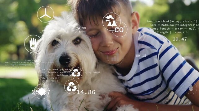 Boy leaning in and hugging dog on grass, expressing affection while eco HUD overlaying CO2 metrics