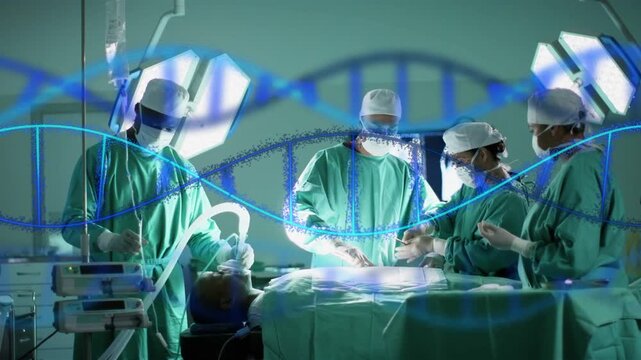Lead surgeon leaning inspecting team passing tools and closing wound DNA helix crossing foreground