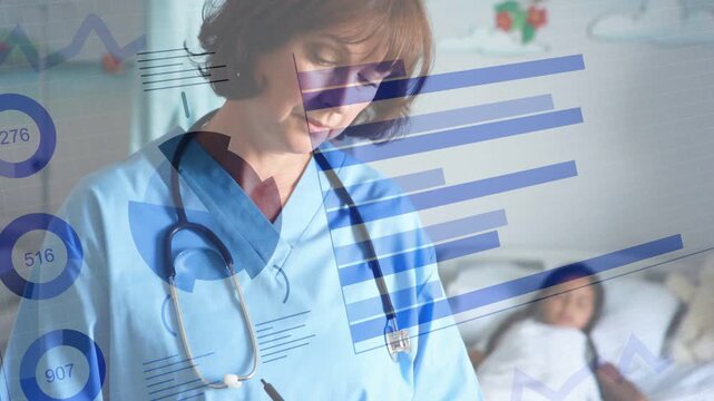 Data sync starting, nurse writing peds notes, translucent charts sliding over chart showing vitals
