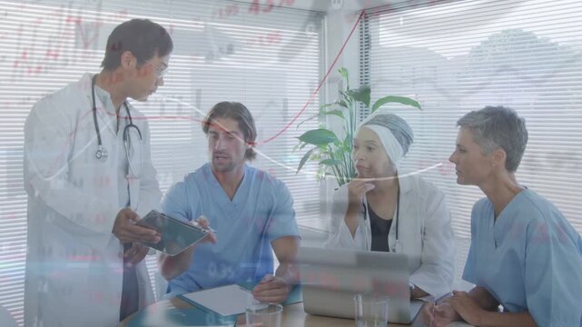 Standing doctor pointing tablet while medical team reviewing patient data animated charts appearing