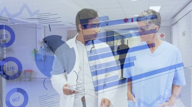 Doctor tapping tablet and briefing nurse, handing chart while animated charts tracking patient data