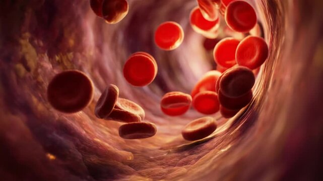 A red blood cell is shown in a blood vessel