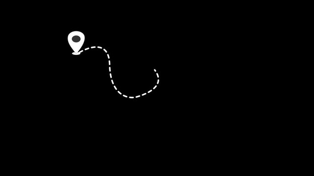 Minimalist flight path animation, dashed line route with location pins, airplane travel track motion, black background, tourism concept, smooth loop, modern navigation design, 4k video.