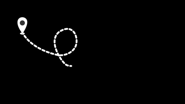 Minimalist flight path animation, dashed line route with location pins, airplane travel track motion, black background, tourism concept, smooth loop, modern navigation design, 4k video.