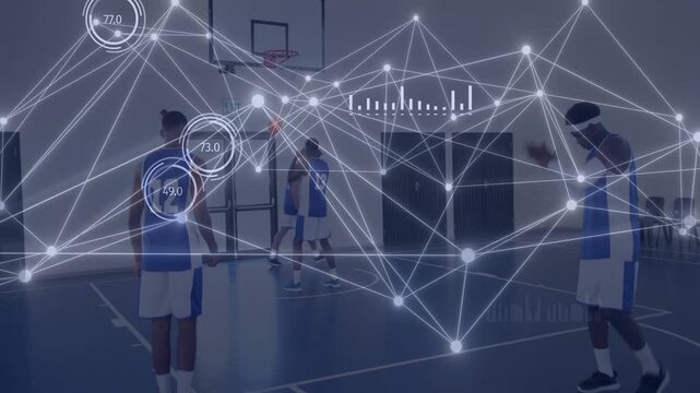 Four male players passing, center stepping and shooting for sports, analytics HUD tracking metrics