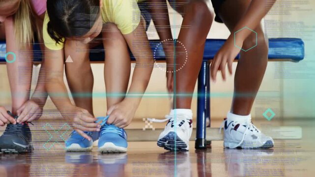 Three students preparing for PE, tying shoes on blue bench, overlays on feet, child walking off