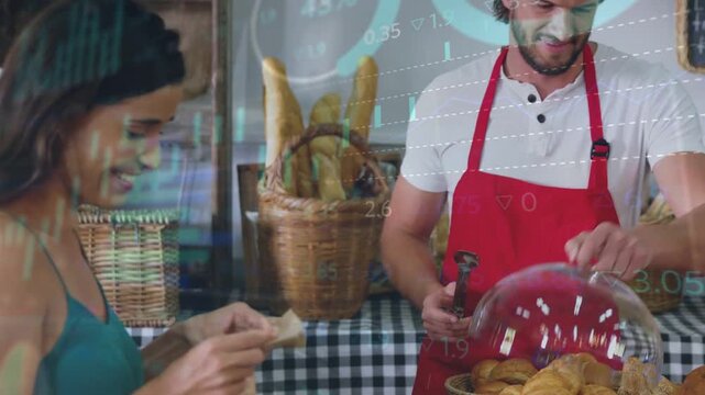 Customer ordering at bakery, clerk selecting pastries with tongs, filling bag, charts overlaying