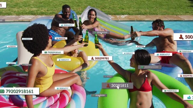 Friends on pool floats clinking bottles, women starting toast for pool party, social labels growing