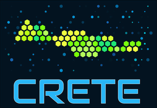 Crete hexagon dots map. Greece. Digital style shape of the island. Crete map and title. Large green colored hexagons, sparse blue dots at background. Vector Illustration.