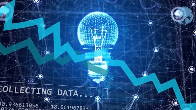 On data pulse holo bulb lighting, zigzag chart rising, rings sweep, nodes pulsing for insight