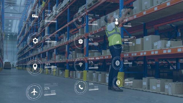 Warehouse worker raising scanner scanning labels causing AR icons, metrics growing for stock check