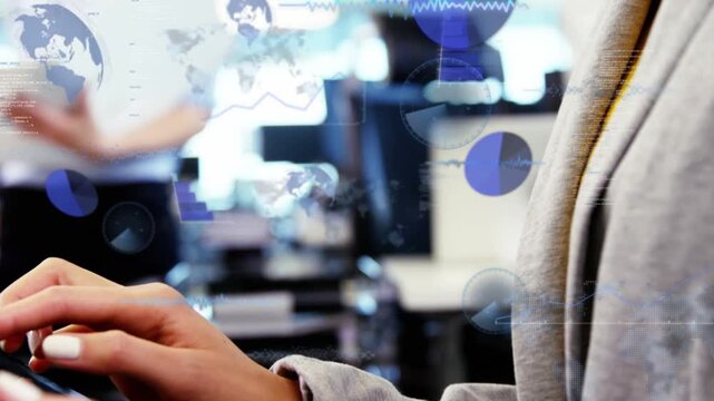 Woman tapping tablet reviewing business data, charts, map appearing while camera pulling back