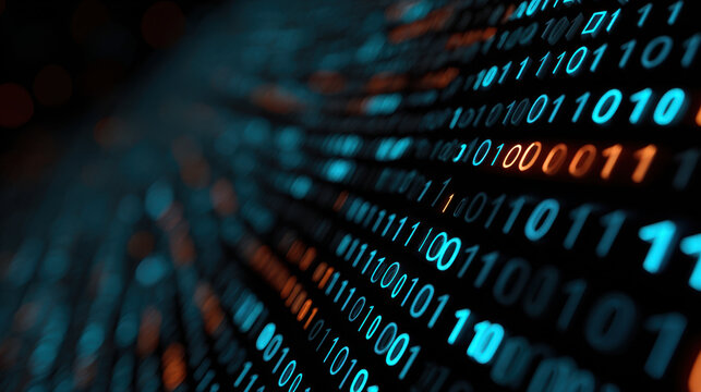 Binary code digital data futuristic abstract cyber space blue orange technology pattern motion blur matrix stream network system encryption computer screen background information binary code