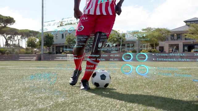 Male soccer player practicing sports drills using ball, right foot initiating AR overlays tracking