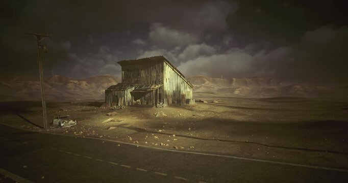 Lonely outpost alongside empty highway under heavy sky, cracked asphalt and silent building convey travel interruption and survivalist mood.