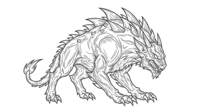Fearsome fantasy monster illustration with spiked back and sharp claws, mythical beast drawing, detailed line art