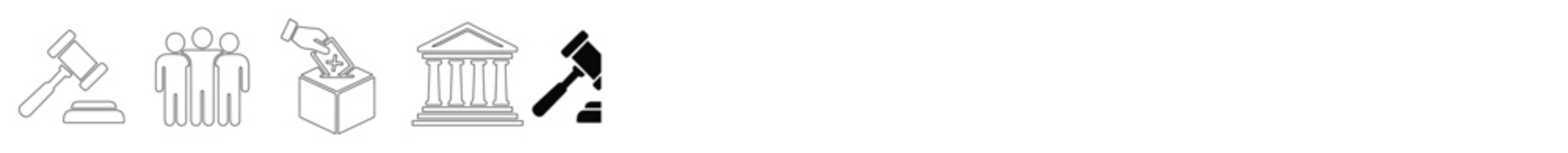 Minimalist legal and government icon set, professional law and justice vector symbols, black and white court and election graphics for web design