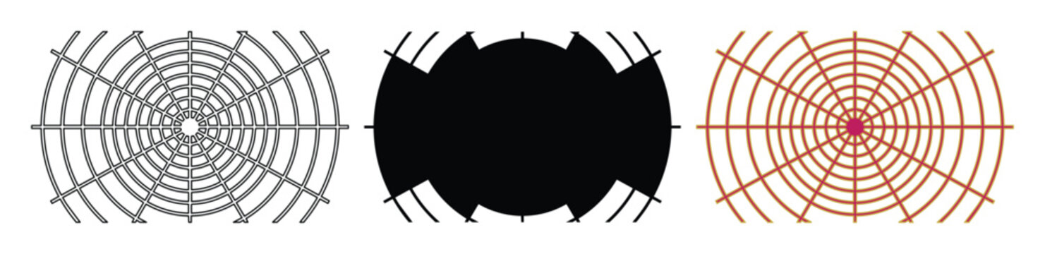 Abstract circular radar grid vector set, geometric sonar wave icons in black and orange, technical target interface elements for UI design