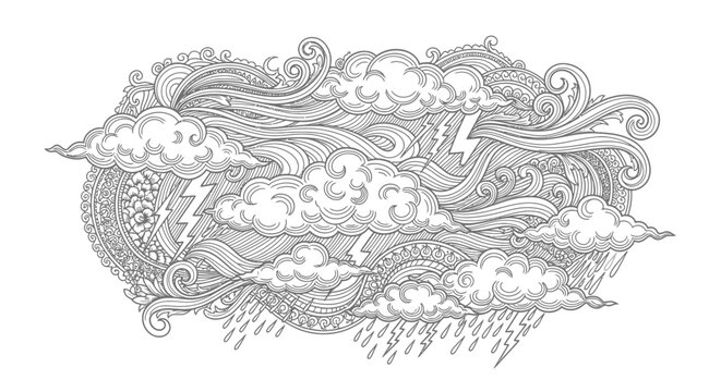 Detailed Hand-Drawn Storm Clouds Illustration with Rain, Lightning, and Ornate Wind Patterns