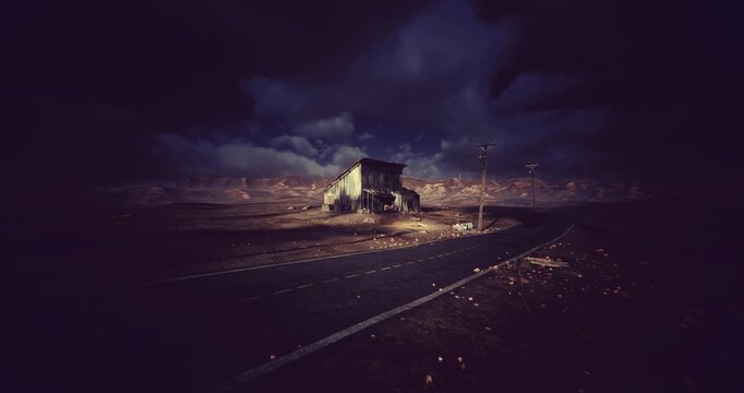 derelict roadside shack under moody clouds with scattered scrap and graffiti, explorer narrative suggested by abandoned tools and broken glass