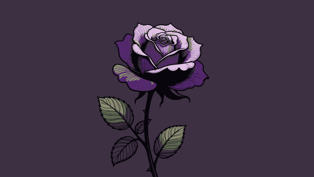 A stylized illustration of a single vibrant purple rose with green leaves and a thorny stem against a dark, muted background.