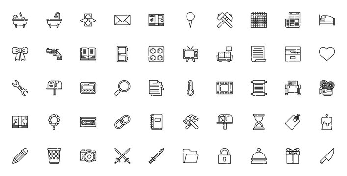 Objects Flaticon Emojis_2134 icon set. Vector symbol collection featuring bathtub, money, gun, heart, tools, camera, sword, gift and more. Editable line icons.