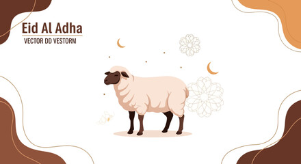 A vector illustration of a sheep stands centrally against a white background with decorative moons and flower patterns, framed by abstract brown shapes, presenting a celebration of Eid © Jangkrik