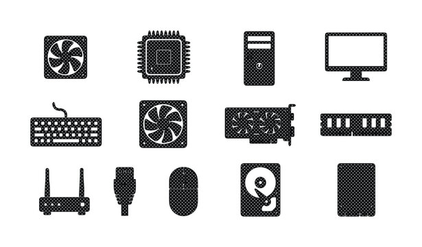 Computer hardware icons set, black silhouette PC components collection, 12 vector elements for technology and gaming hardware infographics